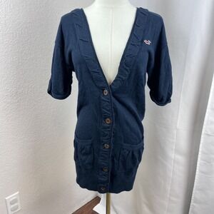 Y2K Hollister Long Cardigan Sweater Womens Small Blue Ruffle Academia Preppy